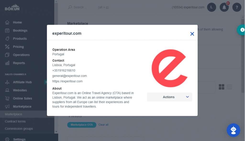 This is the Experitour profile on the Bókun Marketplace inside the Vendor Dashboard